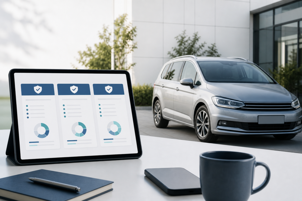 Car and tablet displaying a comparison of online car insurance quote options
